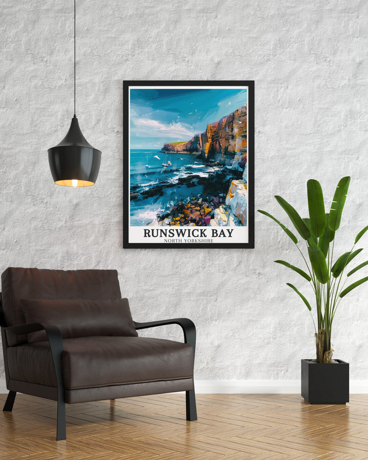 Yorkshire poster featuring Runswick Bay Village along the Cleveland Way Staithes Walk a perfect wall decor addition for coastal and nature enthusiasts celebrating the stunning landscapes of North Yorkshire with vibrant colors and detailed vintage travel print design