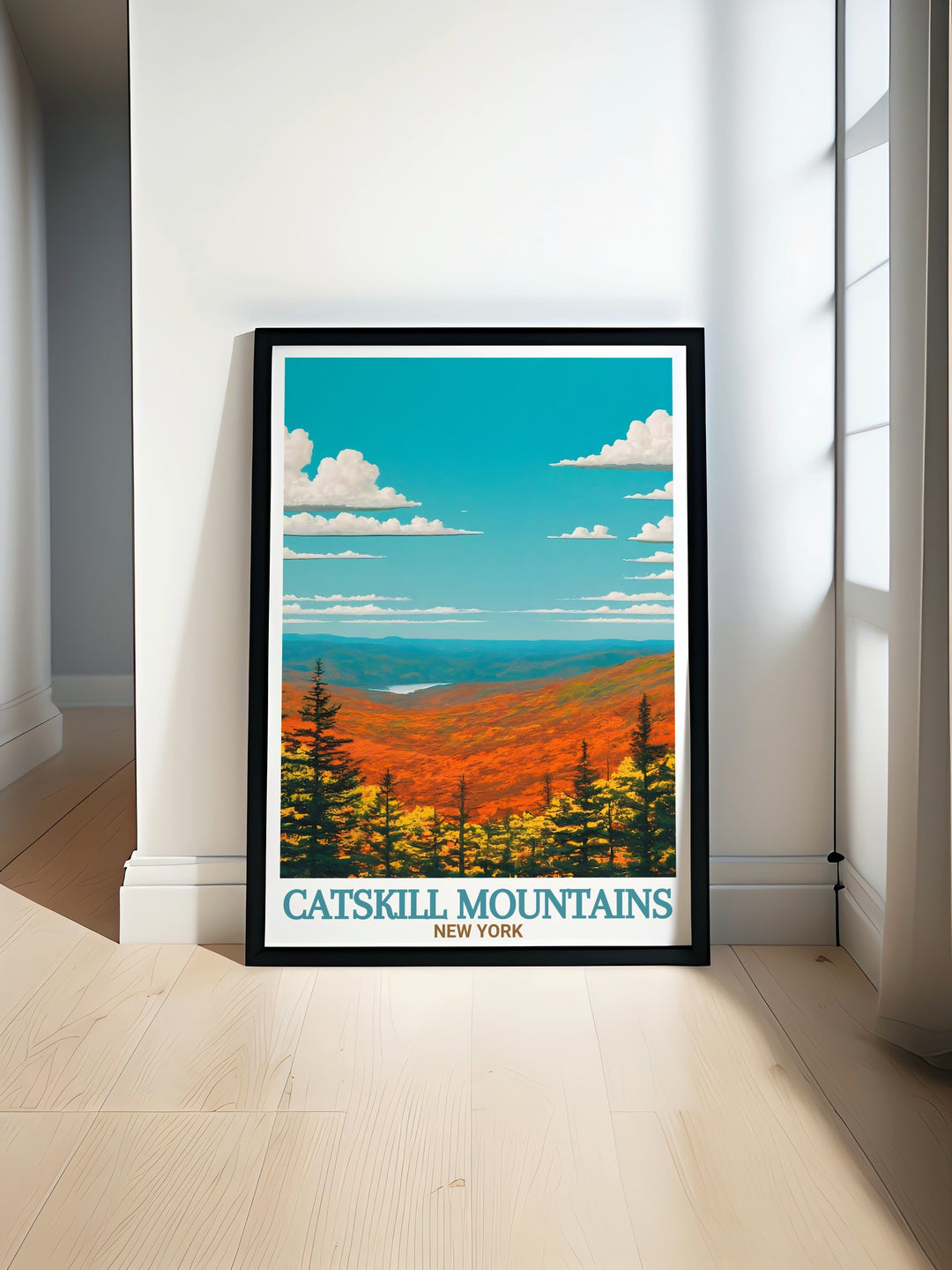 Catskill Park Modern prints showcasing the beauty of New York State. This Catskill Mountains travel poster adds an elegant touch to your home decor, perfect for nature lovers and fans of New York Wall Art. Perfect for living rooms or home offices.