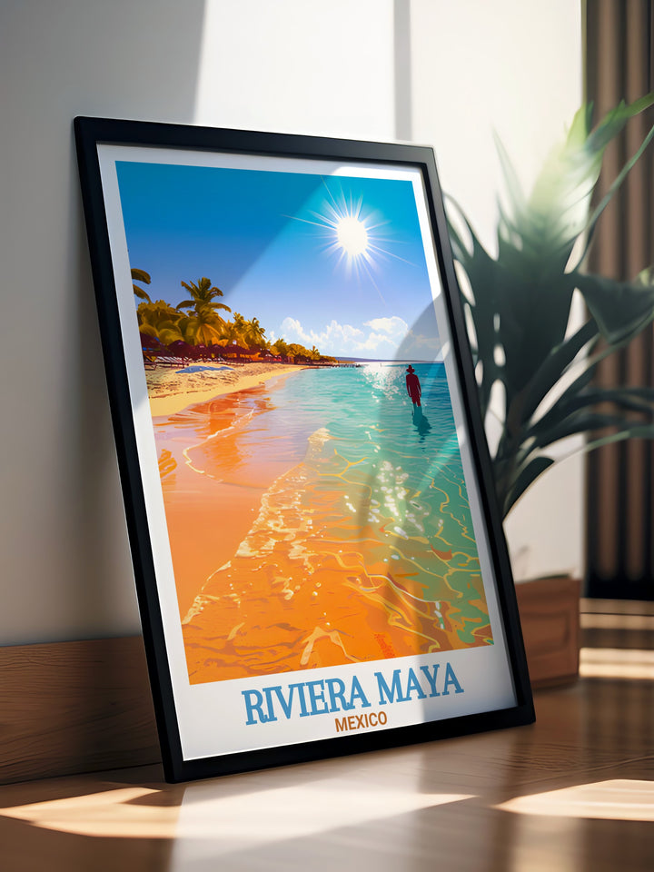 Akumal Beach framed print showcasing the serene beauty of Riviera Maya Mexico with detailed artwork perfect for beach decor. This Mexico gift is ideal for enhancing home living decor with tropical art and vibrant illustrations of Akumal Beachs tranquil shores.