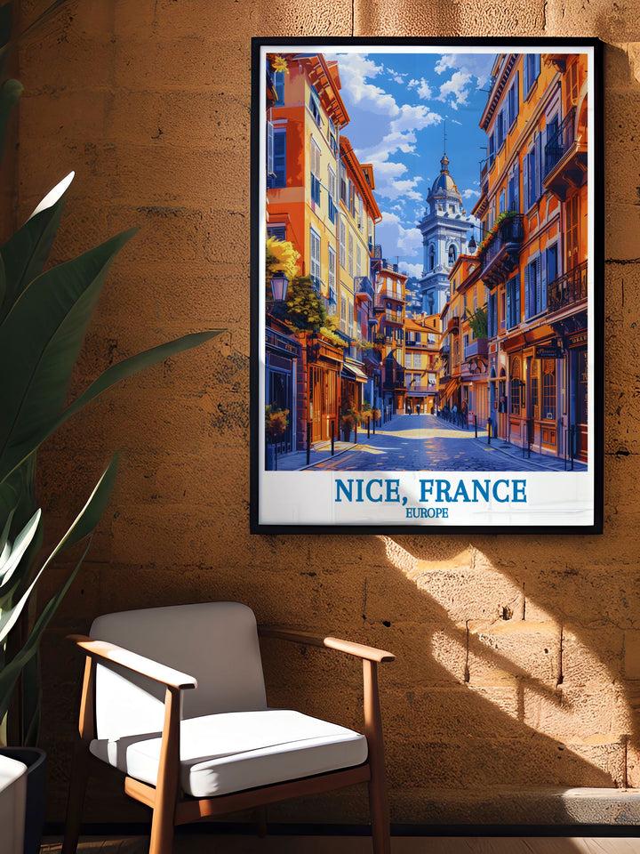 This detailed art print captures the essence of Vieux Nice, with its narrow, winding streets and bustling market squares, ideal for adding a touch of French elegance to your decor.