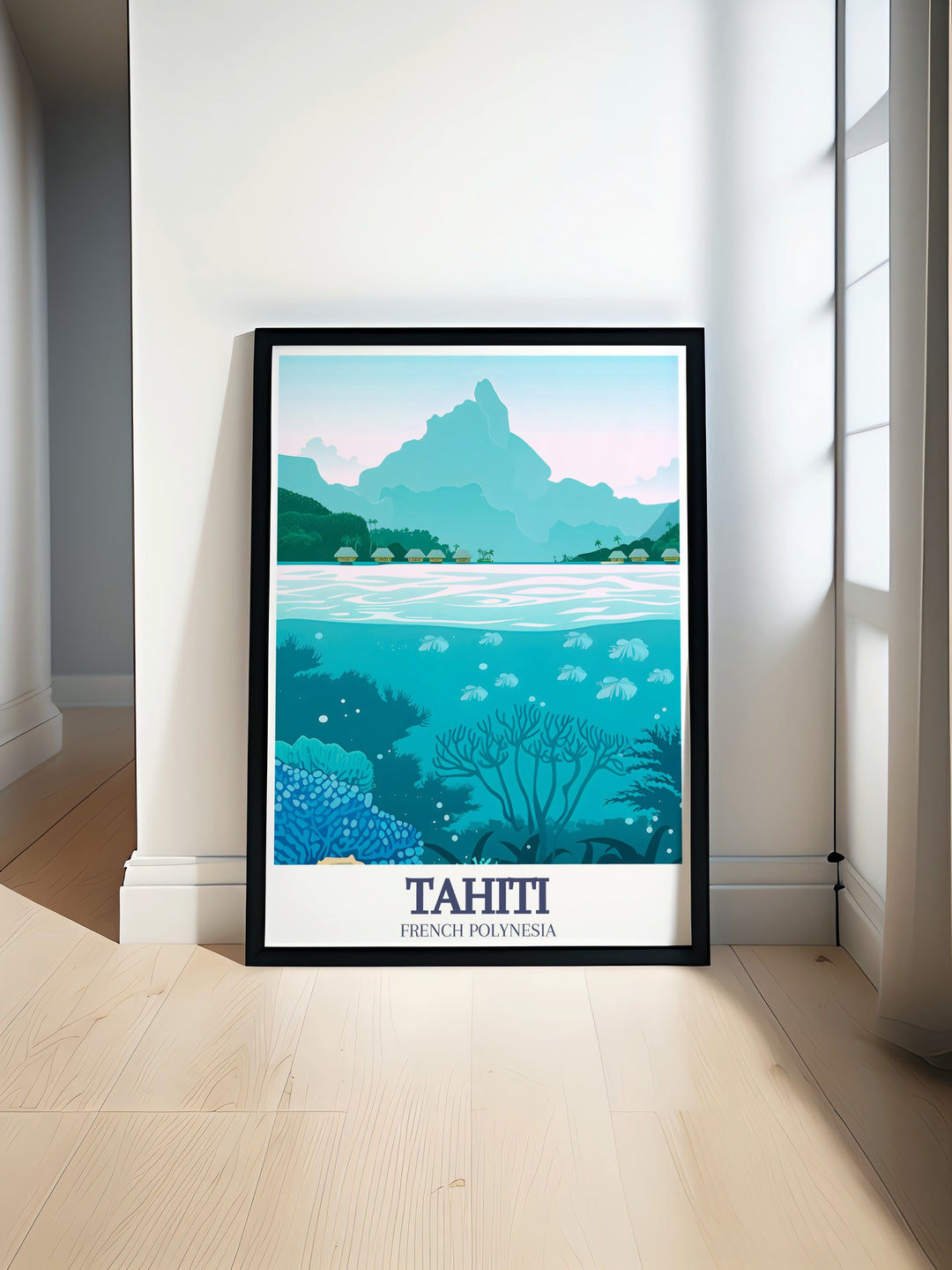 Discover the beauty of French Polynesia with this Tahiti travel poster print featuring Bora Bora and Moorea Art Perfect for adding an exotic touch to your home decor this stunning artwork showcases the vibrant landscapes of the islands