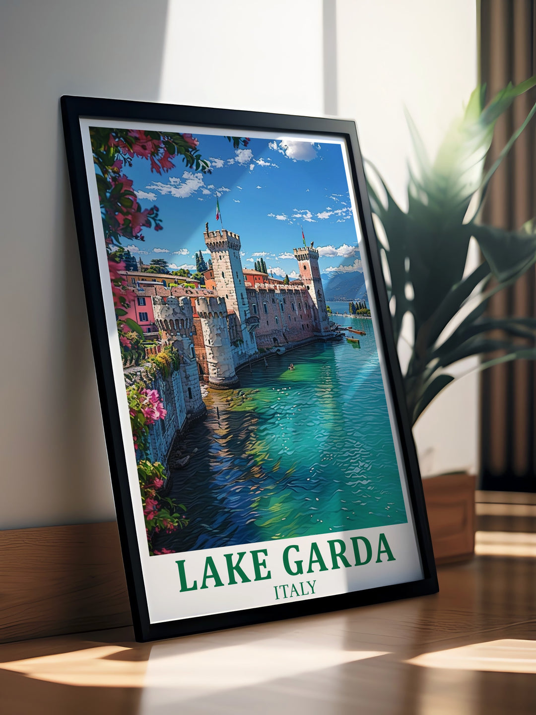 Bring Italys stunning Lake Garda and Sirmione into your home with this vibrant travel print. The detailed design showcases the calm waters and historic architecture of one of Italys most beloved destinations.