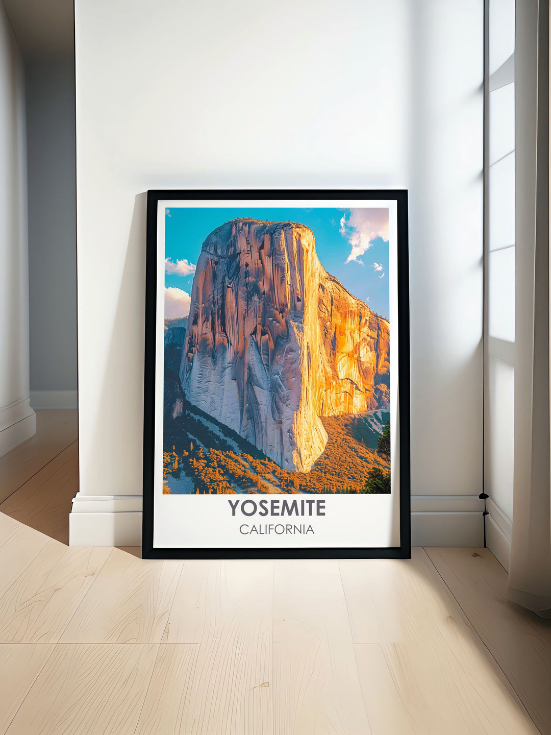 This Yosemite travel poster highlights the majestic El Capitan, a granite monolith renowned for its climbing routes and sheer size, capturing the essence of this iconic landmark against a stunning California landscape.