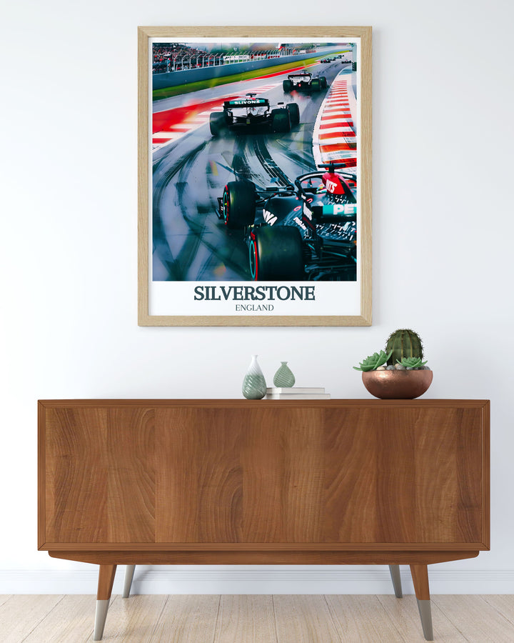 Silverstone Circuit Silverstone Wing modern art print featuring a vibrant and detailed depiction of the racing venue. Ideal for adding a dynamic and stylish touch to your living room or sports themed decor.