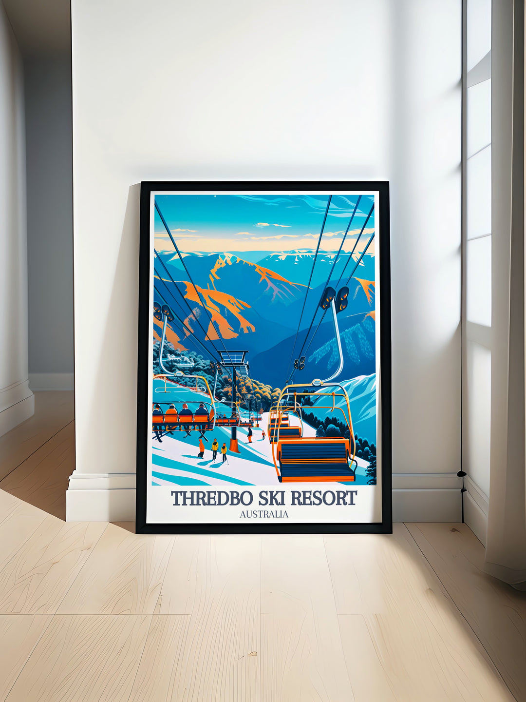 Kosciuszko Express Chairlift rises above the snowy landscape in this Thredbo Ski Resort art print, featuring the slopes and charm of Thredbo Village. This travel print is perfect for ski enthusiasts looking to celebrate their love for New South Wales premier ski resort.