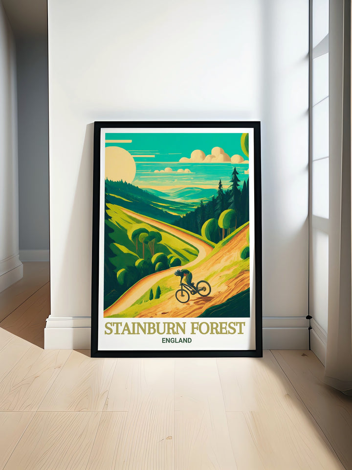 Beautiful Stainburn Forest Mountain Bike Trails art print featuring vibrant scenery from Yorkshire MTB trails. Ideal for cycling enthusiasts and mountain bike art collectors who appreciate the natural beauty of Stainburn Forest and the thrill of outdoor adventures.