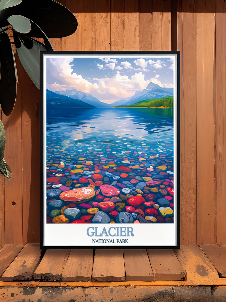 Framed art illustrating the serene beauty of Lake McDonald, with its clear waters reflecting the rugged peaks of Glacier National Park, perfect for those who cherish the great outdoors.