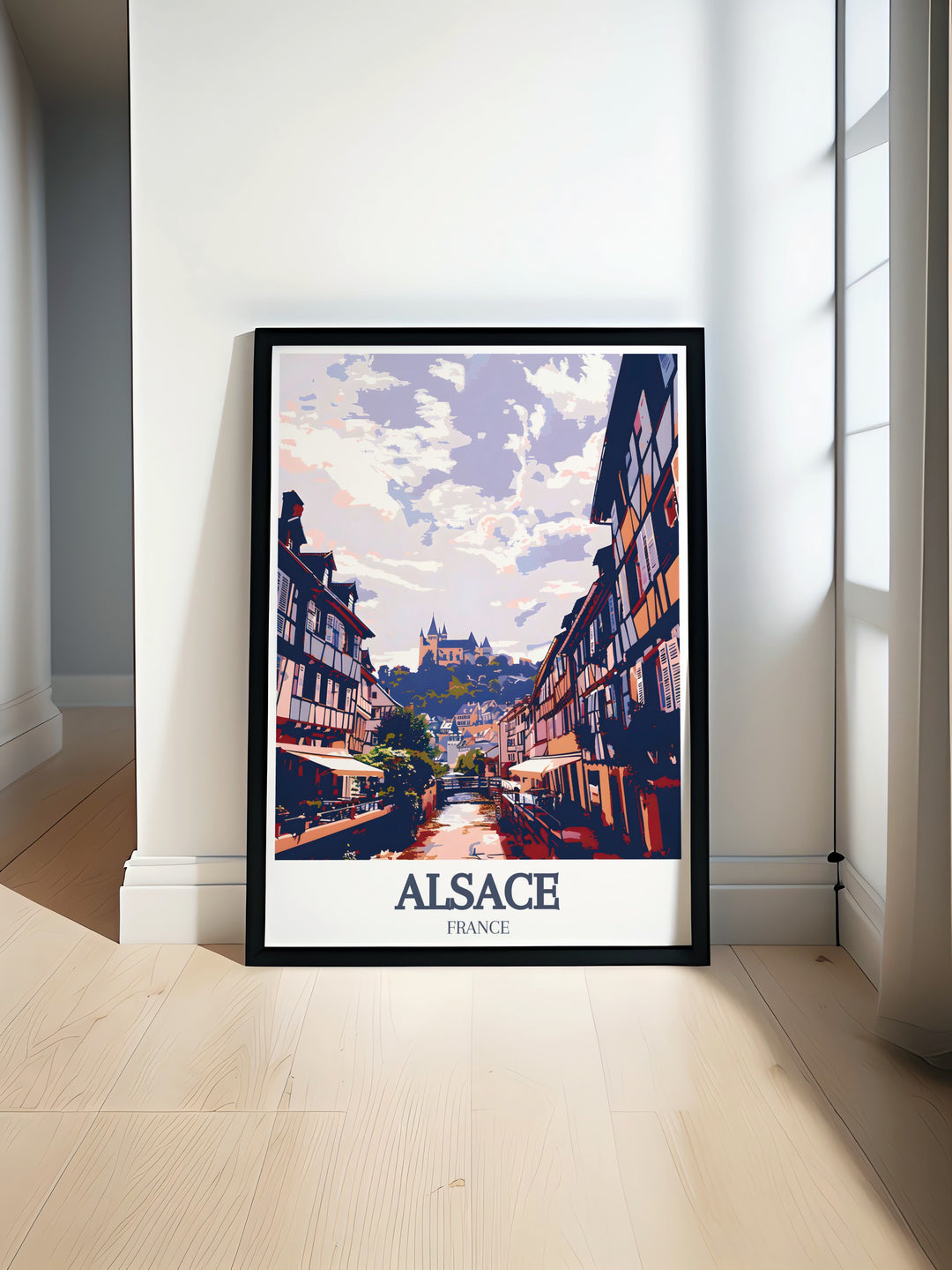 Alsace Travel Poster featuring Château du Haut Koenigsbourg and Petite France. Perfect for home decor this Alsace France Poster adds elegance and charm to any room with its detailed artwork showcasing French culture and architecture. Ideal as a travel gift.