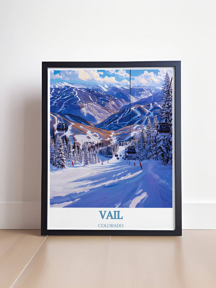 Travel poster of Vail Ski Resort in Colorado, showcasing the stunning snowy peaks, cozy lodges, and vibrant village base. Perfect for adding a touch of winter charm to your home decor and inspiring adventures.