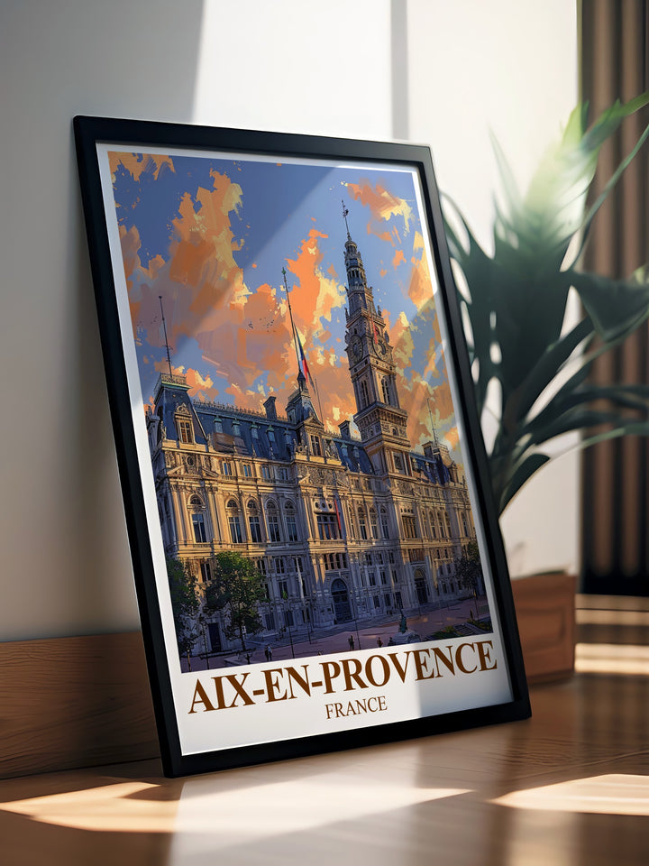 This Aix en Provence poster print showcases the Hôtel de Ville, one of Provences most iconic landmarks. With its elegant design and rich history, this travel art is perfect for enhancing your home decor or as a gift for lovers of French architecture and culture.