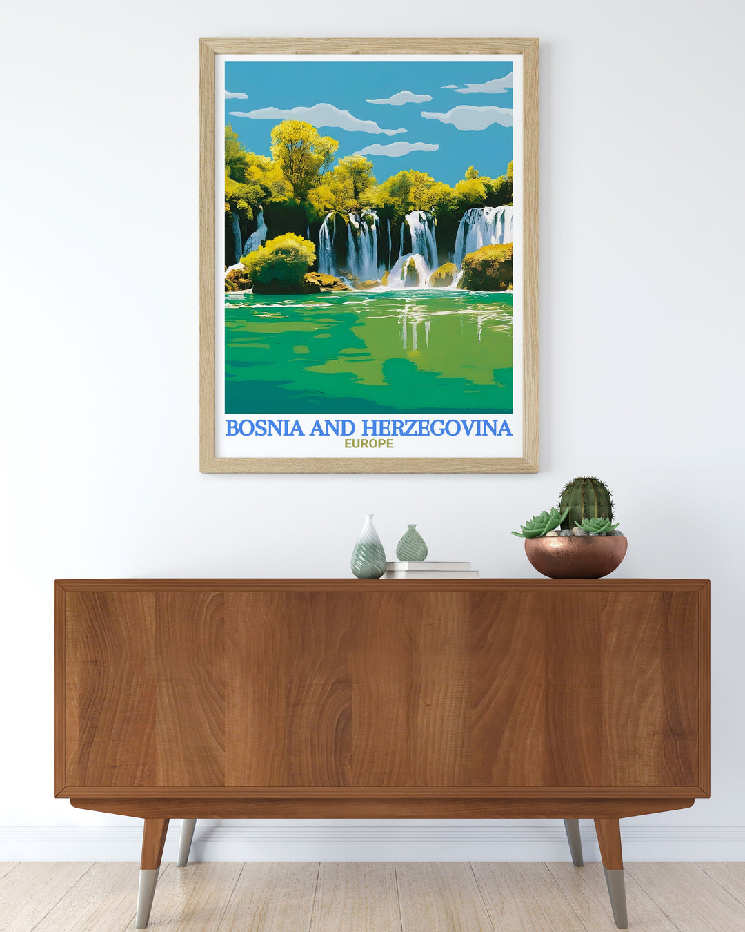 Kravica Waterfalls wall poster beautifully captures the stunning flow of water against the greenery of Bosnia and Herzegovinas landscape. Perfect for travel enthusiasts, this Europe travel print brings a touch of serenity and adventure to your home.