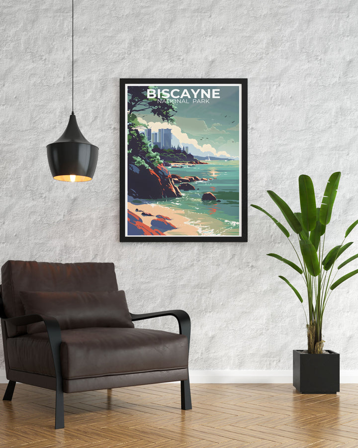 High quality print of Biscayne Bay Trail and coral reefs in Biscayne National Park, capturing the stunning landscapes and marine life of this unique area. Ideal for art lovers who appreciate both nature and adventure.