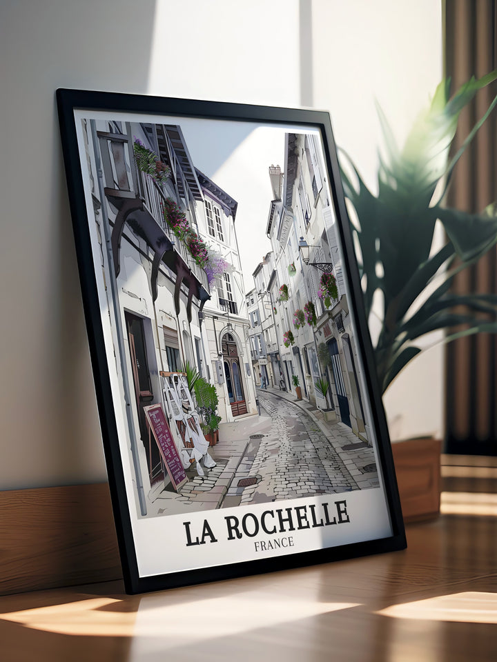 Detailed La Rochelle print featuring the enchanting streets of the Old Town and the vibrant Centre Ville. The artwork highlights the architectural beauty and lively spirit of La Rochelle, offering a perfect representation of Frances coastal charm