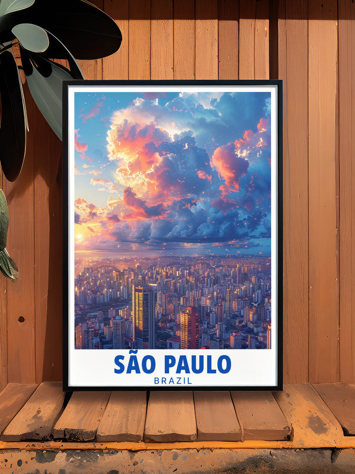 Stunning Sao Paulo skyline print designed for modern decor lovers. This Brazil art piece highlights the citys architecture in a sleek and elegant way making it ideal for living room decor or as a thoughtful Brazil gift for special occasions.