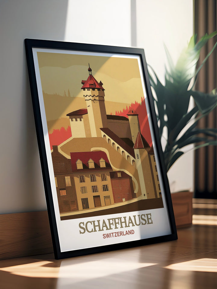 Schaffhausen travel poster featuring Munot Fortress. A detailed illustration highlighting the unique features and historical significance of this Swiss fortress. Ideal for those who love travel art and history. Adds sophistication to home or office decor.