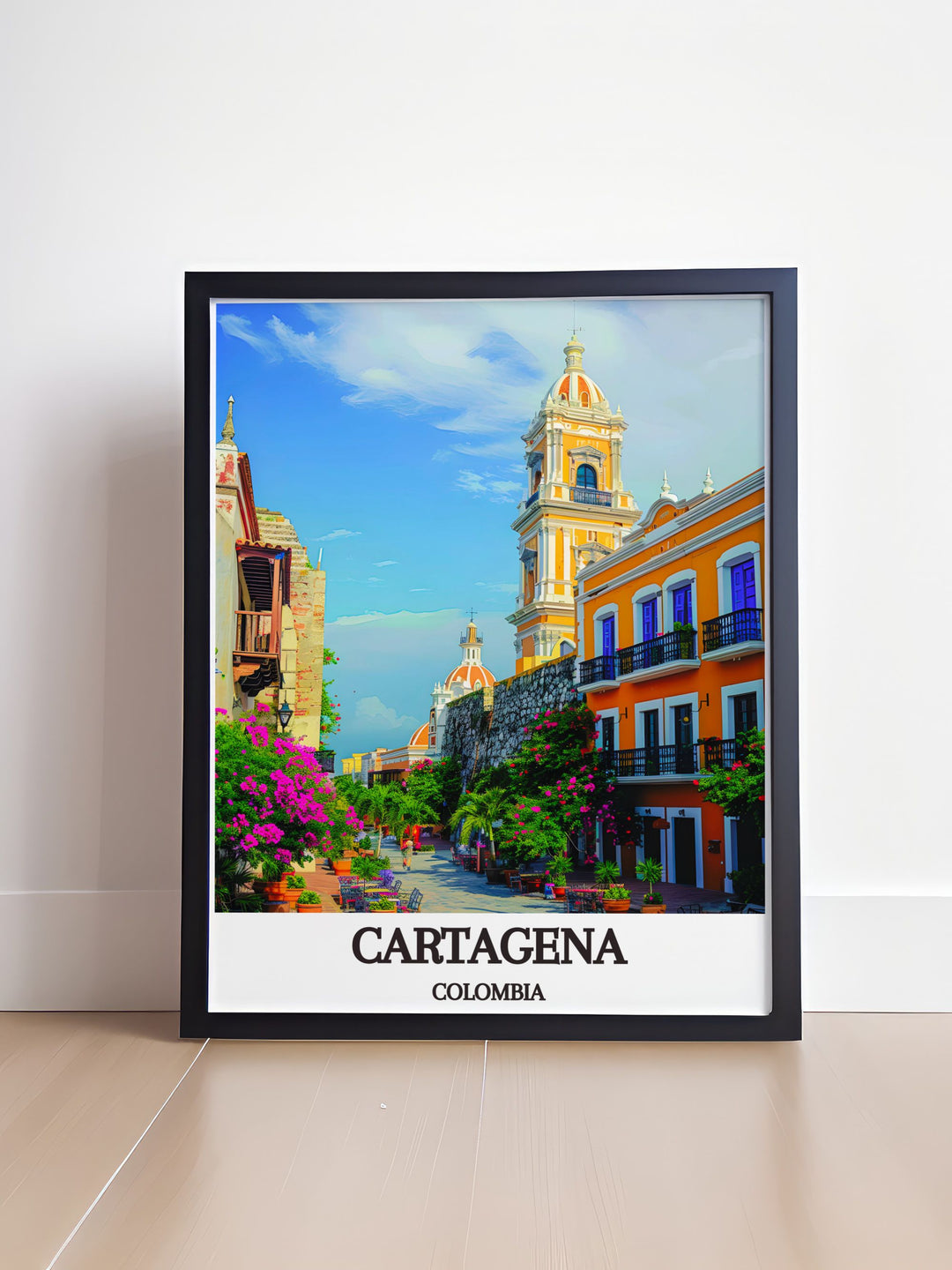The historic beauty of Cartagena is magnificently illustrated in this travel poster, showcasing its impressive colonial buildings and serene courtyards. Ideal for history enthusiasts and architecture lovers, this artwork brings the charm of Cartagena into your home.
