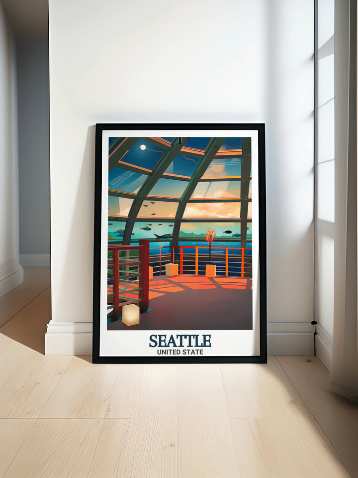 The Seattle skyline is captured in this wall art, featuring the iconic Space Needle and surrounding urban and natural landscapes. A perfect travel print for those who admire the beauty of the Pacific Northwest.