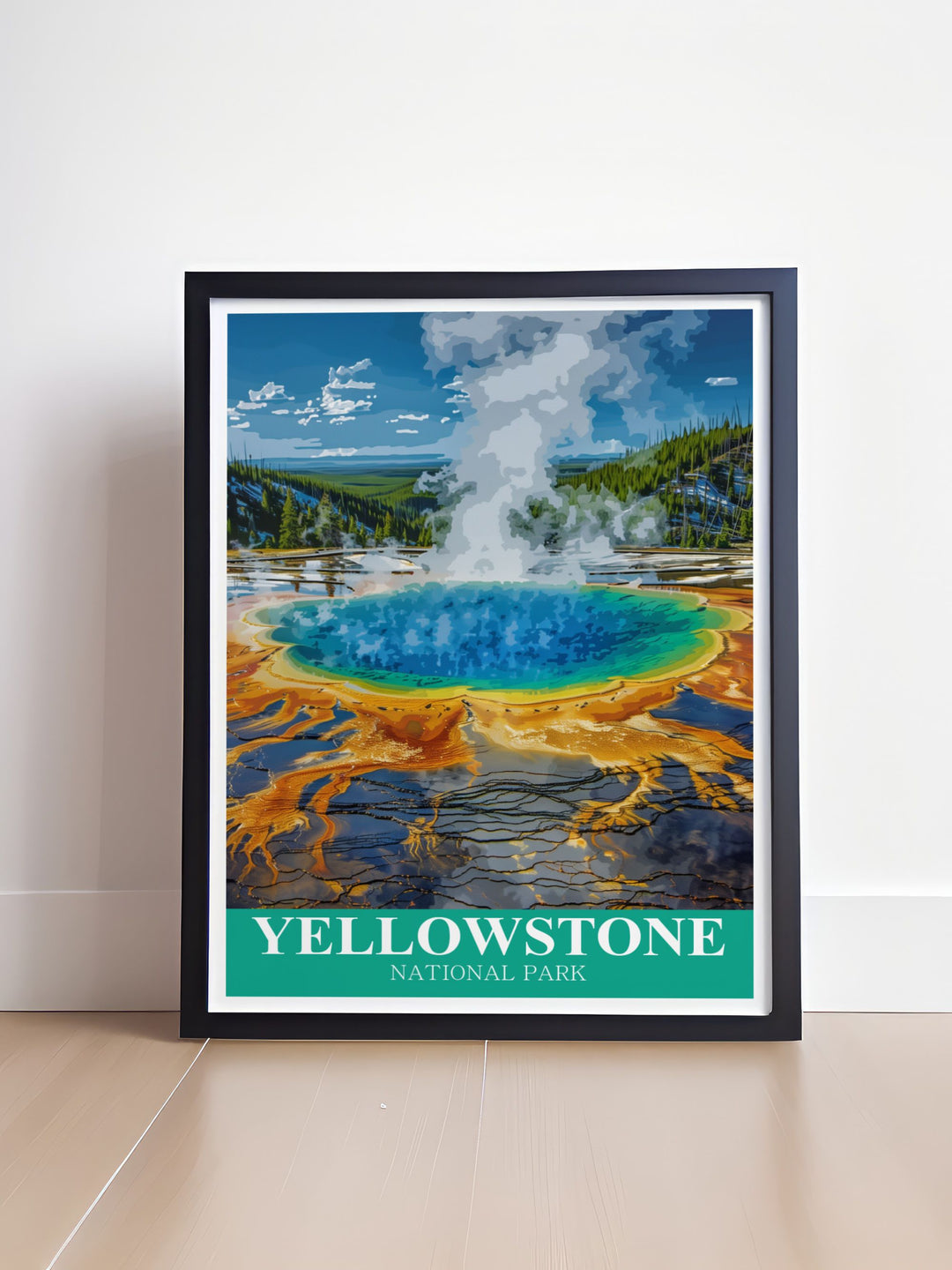 This canvas print beautifully depicts the vibrant colors of Grand Prismatic Spring in Yellowstone. Ideal for anyone who loves national park art, it brings a touch of natures beauty into any living space or office.