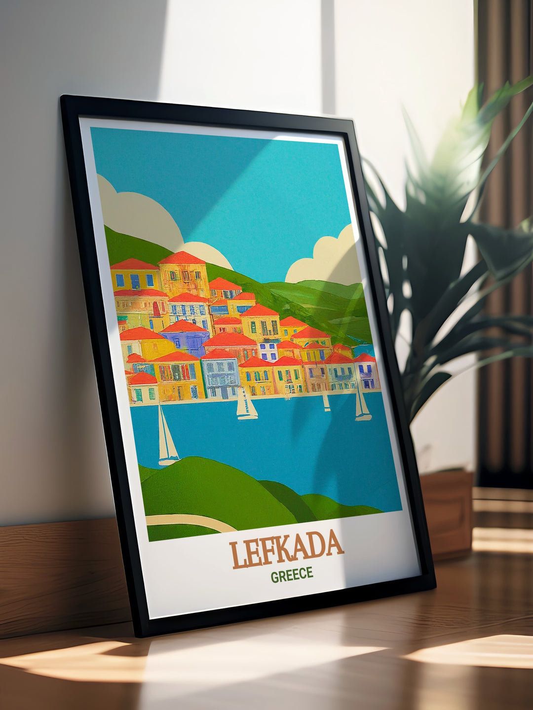 Lefkada Town Framed Prints feature the stunning beauty of Greece with charming streets and coastal views. This Greece Travel Poster is the perfect addition to any home decor bringing the peaceful essence of Lefkada to your living space with elegant and captivating visuals.