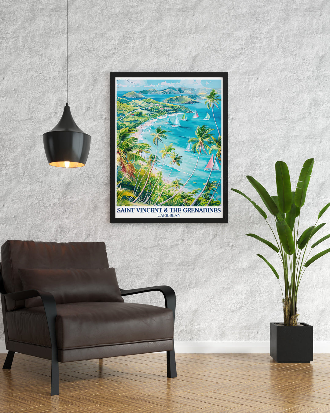 This detailed poster print showcases the breathtaking Caribbean Sea surrounding Saint Vincent & The Grenadines. The artwork captures the serene beauty of the turquoise waters and lush greenery, making it a perfect choice for tropical home décor.