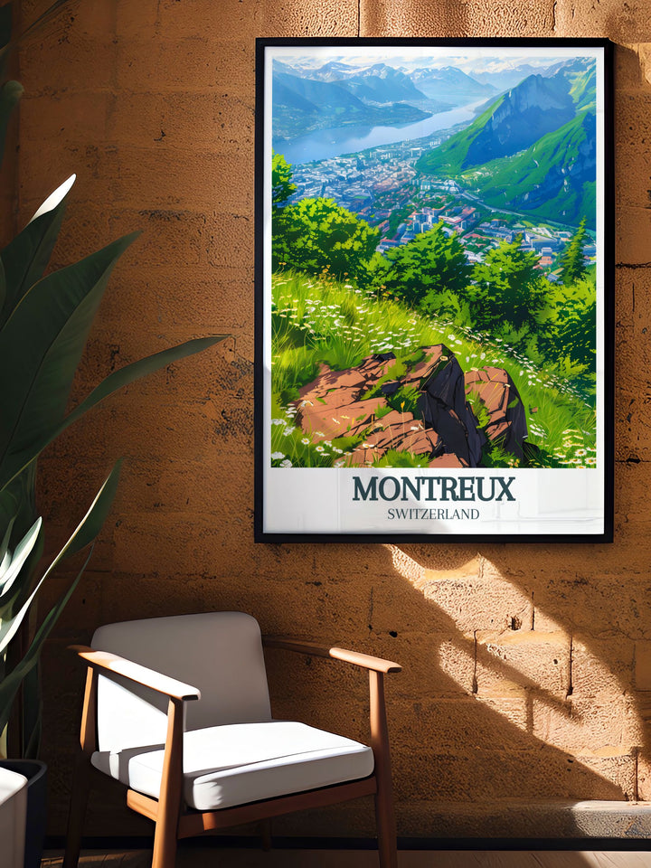 Enjoy the vibrant beauty of Montreux and the surrounding Swiss Alps with this Travel Poster. Featuring the tranquil waters of Lake Geneva and the towering Rochers de Naye, this piece offers an elegant view of Switzerland, perfect for any travel lovers wall art collection.