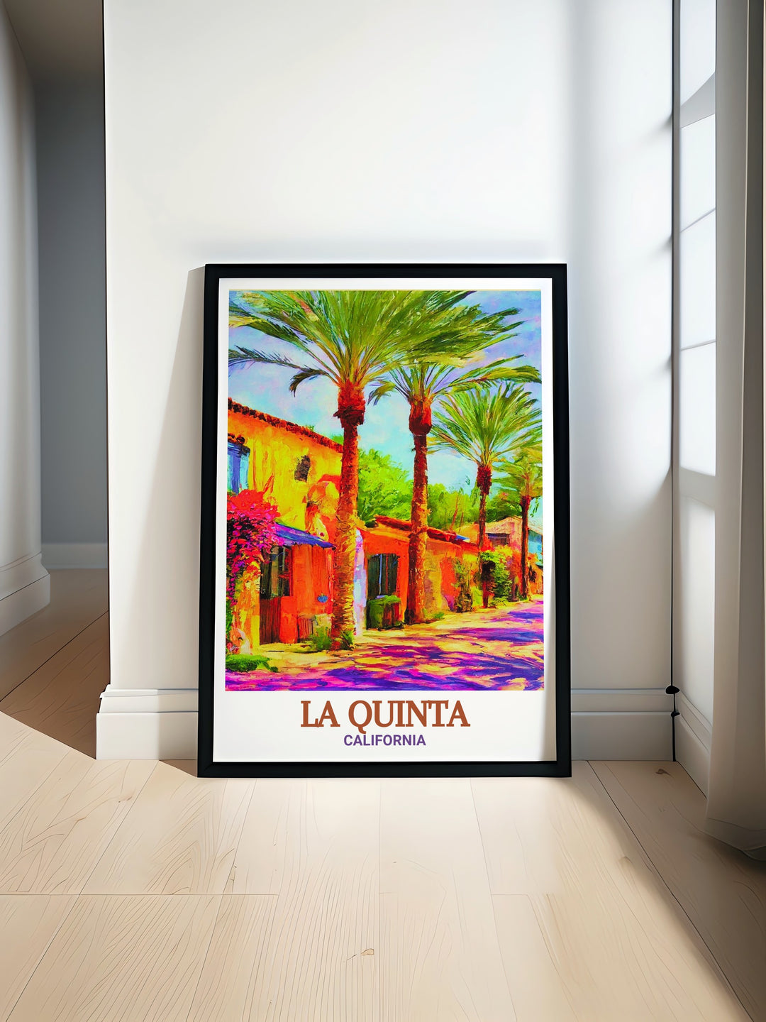 La Quinta art print highlighting the beauty of Old Town in California. This travel poster brings the charm of desert living into your home, with its detailed portrayal of La Quintas historic district. A must have for anyone looking to add a cultural touch to their walls.