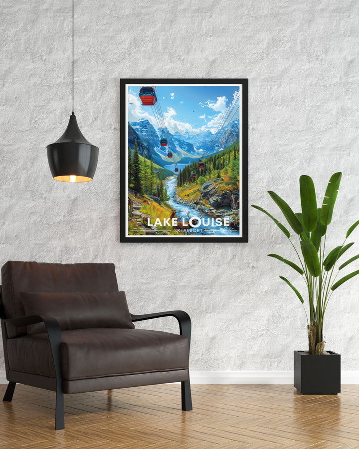 The serene beauty of Lake Louise is depicted in this art print, with its crystal clear waters and lush surroundings, bringing the tranquility of the Rockies into your home.