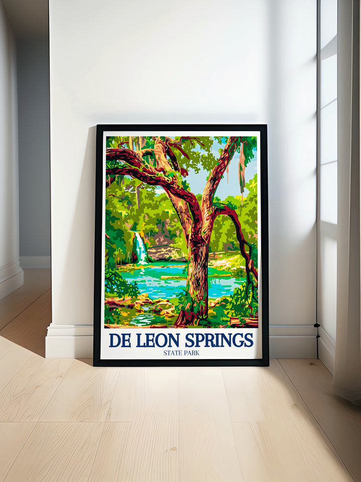 De Leon Springs Poster Print capturing the tranquil beauty of De Leon Springs State Park in Florida, where crystal clear waters flow gently through lush greenery. This artwork is perfect for nature enthusiasts who appreciate the serene and calming landscapes of Floridas springs, bringing a touch of this peaceful environment into any space.