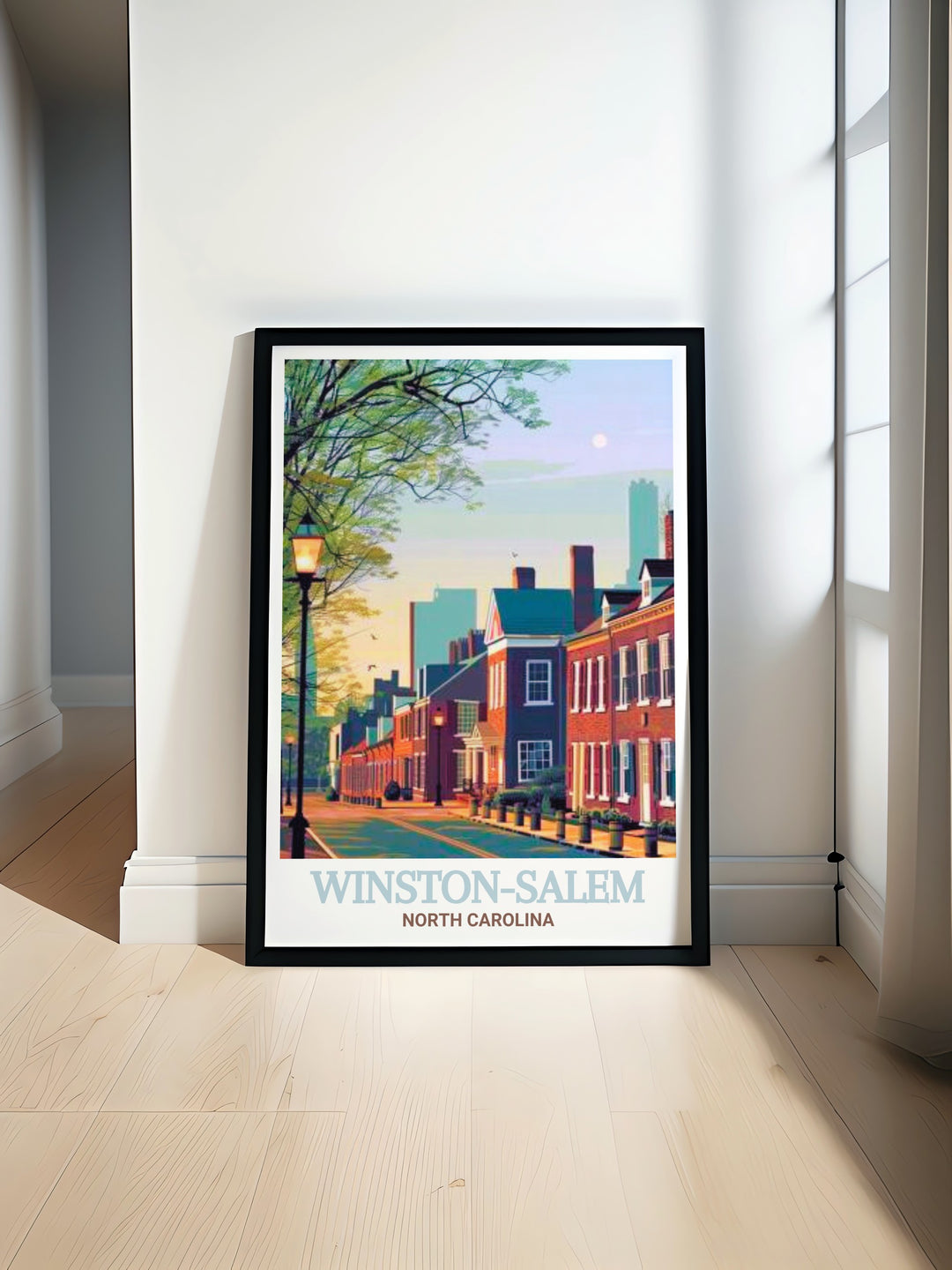 Travel print of Winston Salem highlighting Old Salem Museums & Gardens. This vibrant artwork is ideal for those who love historical sites and urban decor, bringing the beauty of the landmark into your home.