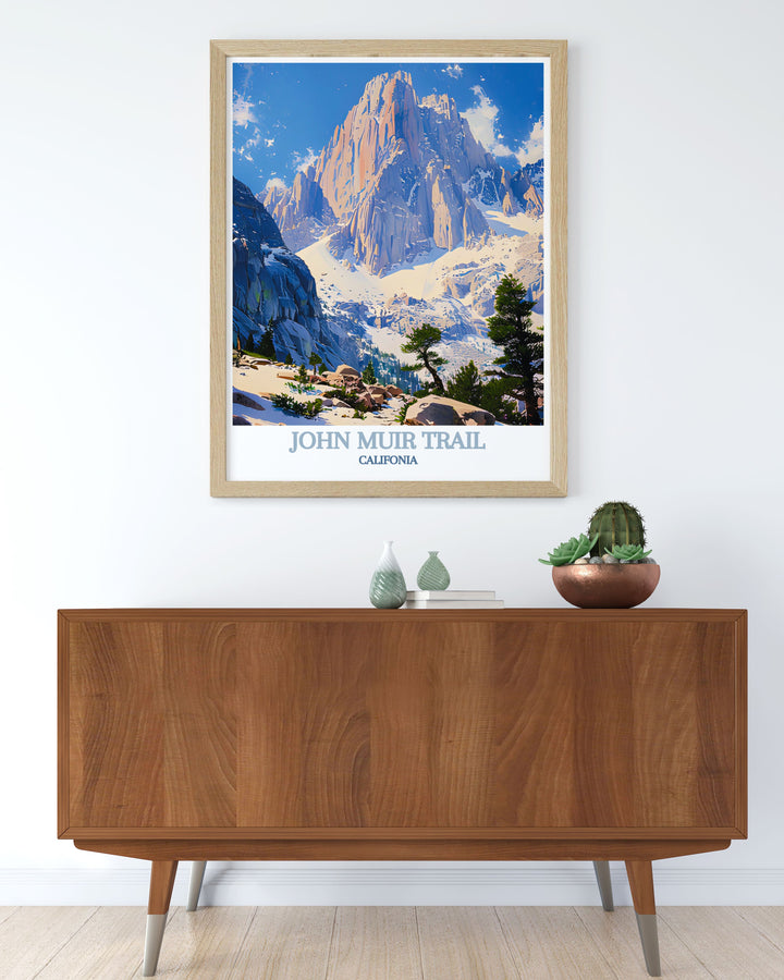 Highlighting the majestic presence of Mount Whitney, the highest peak in the contiguous United States, this travel poster brings its awe inspiring grandeur into your home. Ideal for mountaineers and outdoor enthusiasts.