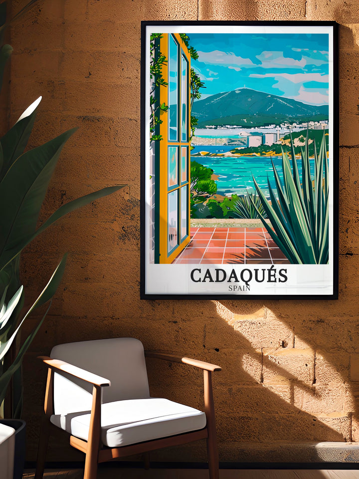 This Cadaqués poster print captures the Mediterranean charm of this coastal town in Spains Costa Brava. With its bright white houses and scenic sea views, this travel print is perfect for adding a touch of Spains coastal beauty to any home décor.