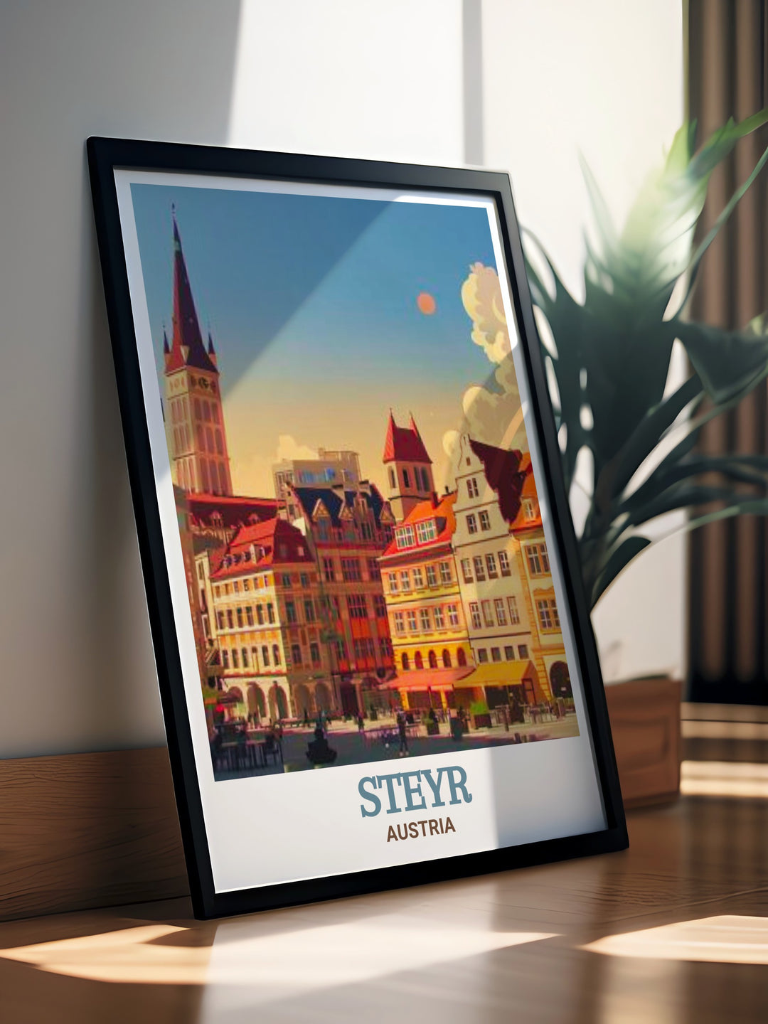 Vintage inspired poster of Bummerlhaus, Steyr, Austria, capturing the timeless appeal of this Gothic building. This art print makes a thoughtful gift for those who love Austrian culture, architecture, and history.