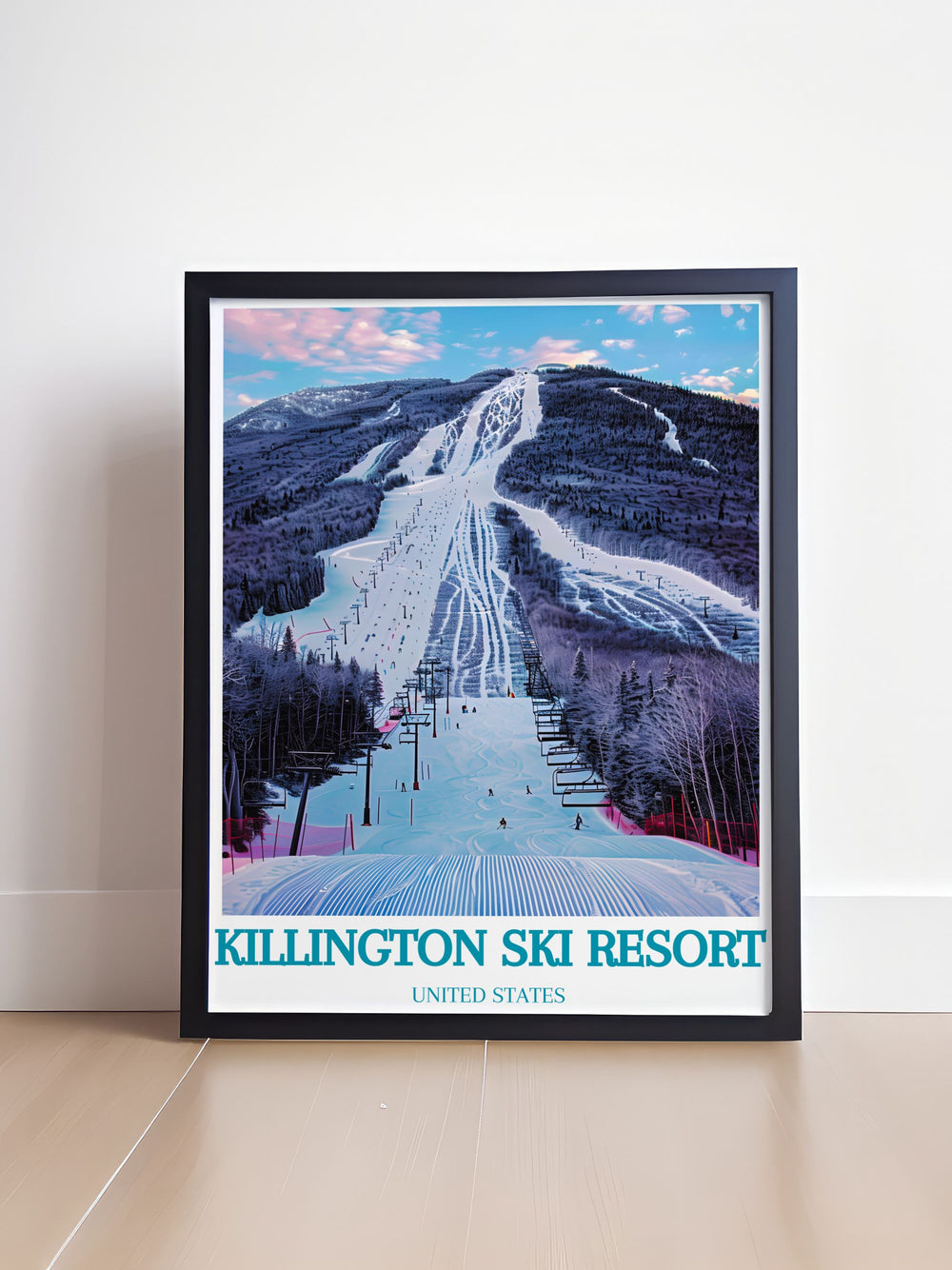 Bear Mountain winter landscape featuring snow laden trails and skiers navigating the snowy terrain. The image captures the essence of winter sports and the stunning natural beauty of the mountain. Ideal for adding a touch of alpine elegance to any living space or office.