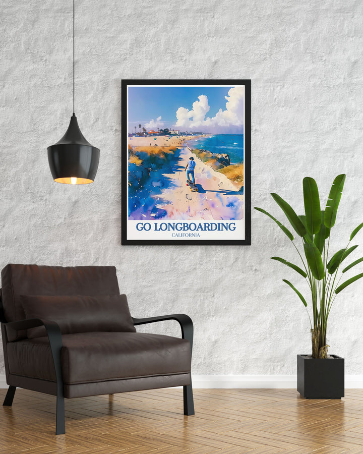 This Longboarding Art Print highlights Venice Beachs iconic boardwalk and Muscle Beach, with a vintage aesthetic perfect for any skateboarding enthusiast. Bring the California lifestyle into your space with this bold, retro inspired design.