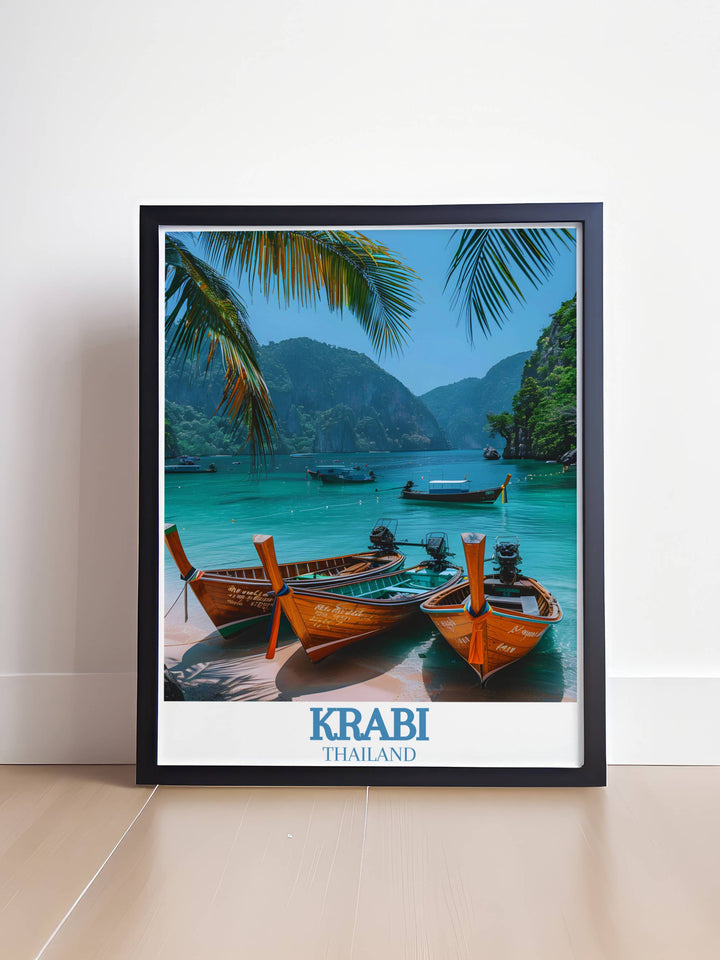 Discover the enchanting landscapes of Krabi Island and the Phi Phi Islands with this captivating wall art print ideal for enhancing your home decor and making a wonderful travel gift for those who love the exotic beauty of Thailand.