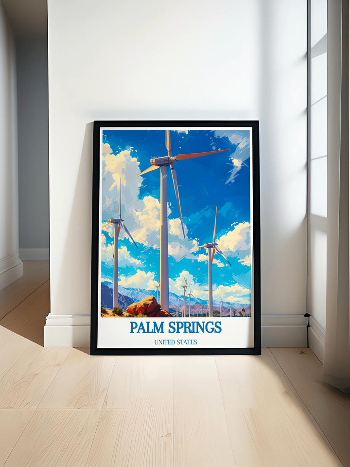 Palm Springs Windmills Modern Print showcasing the iconic windmills with a vibrant desert backdrop ideal for sophisticated home decor and unique gifts