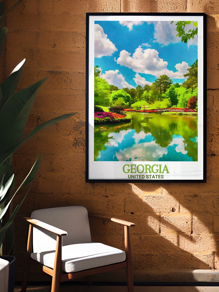 Georgia travel print highlighting the best of Atlanta and Callaway Gardens. From the bustling city life to the peaceful garden landscapes, this art print makes an ideal gift for travelers or anyone with a love for Georgias unique charm.