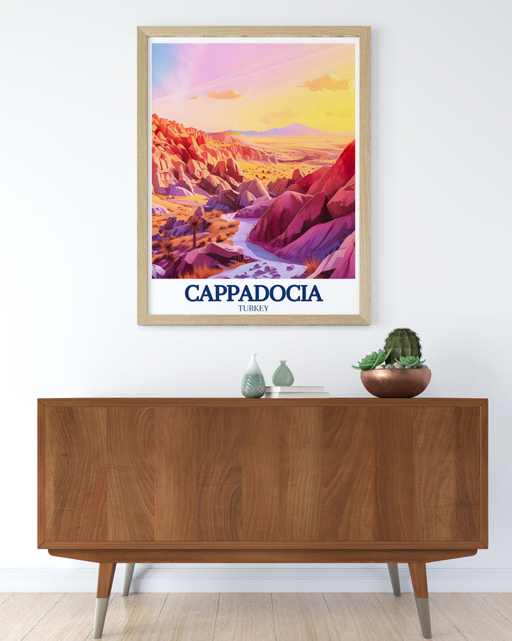 This Cappadocia travel print features the breathtaking Valley of the Roses and the glowing red rock formations of the Rose & Red Valley. A perfect addition to your wall decor, this poster captures the serene beauty of one of Turkeys most iconic landscapes.