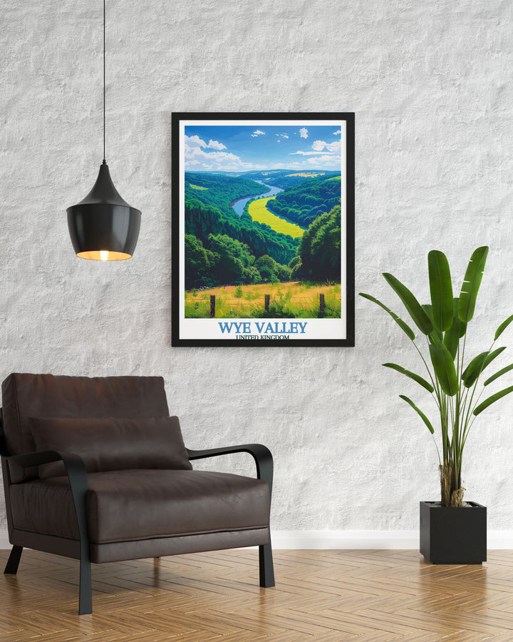 Vintage travel print of Symonds Yat Rock offering a nostalgic retro railway poster style. A charming addition to any home decor that highlights the beauty of ancient woodlands.