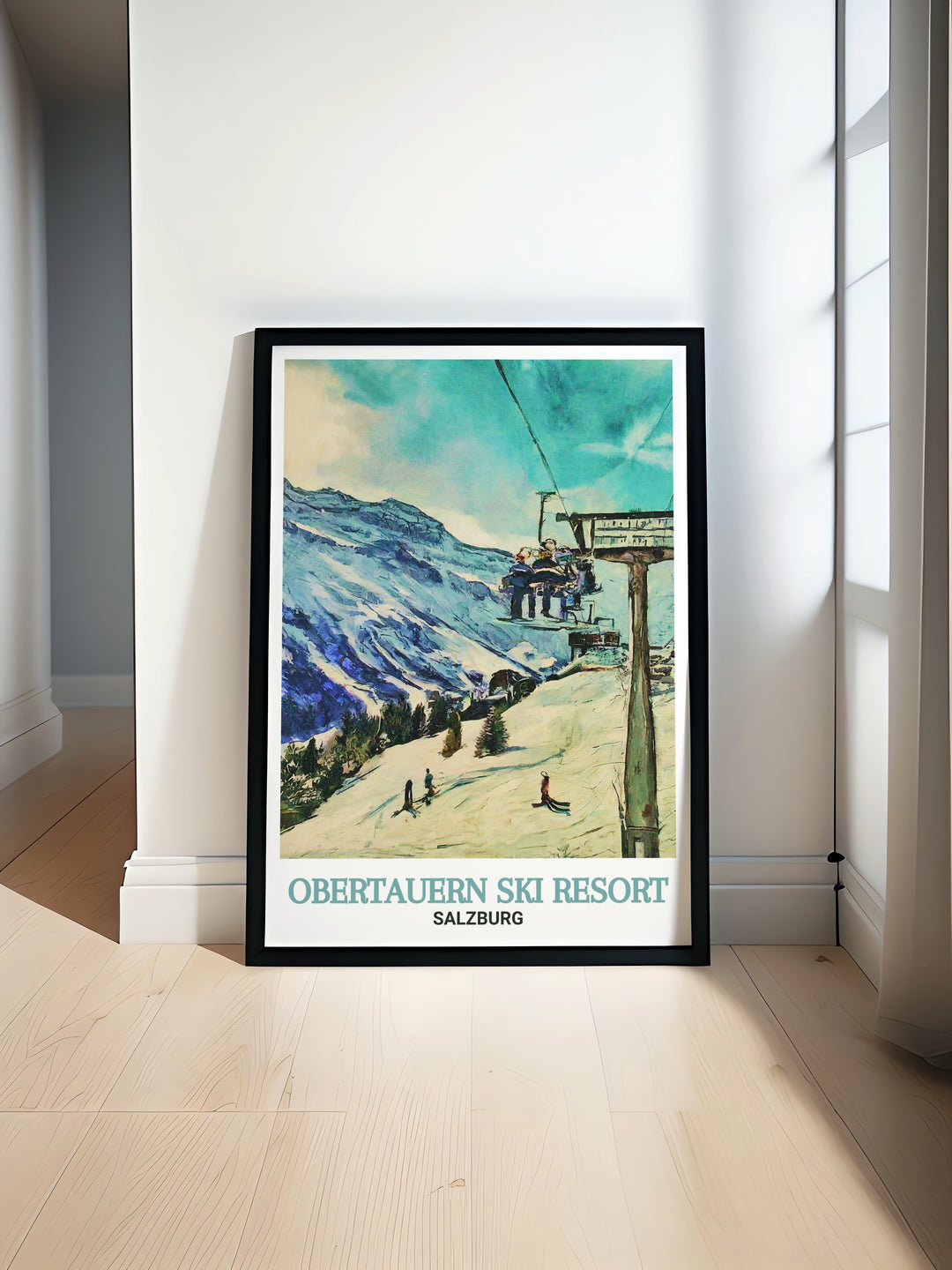 Obertauern Ski Resort art print featuring the famous Edelweissbahn Chairlift and the majestic Radstädter Tauern mountains. This poster is ideal for ski enthusiasts and lovers of Austrian alpine culture.