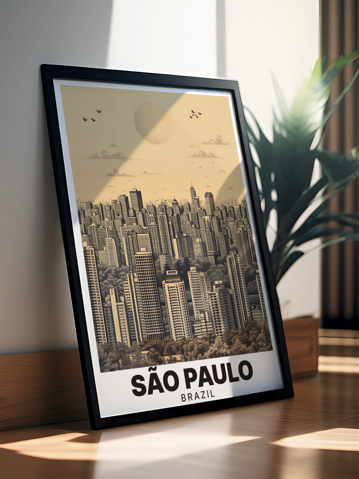 Brazil print showcasing the energetic cityscape of Sao Paulo perfect for modern decor or living room art. This Sao Paulo poster is a wonderful Brazil art gift for those who love travel and cityscapes bringing a touch of urban flair to any space.