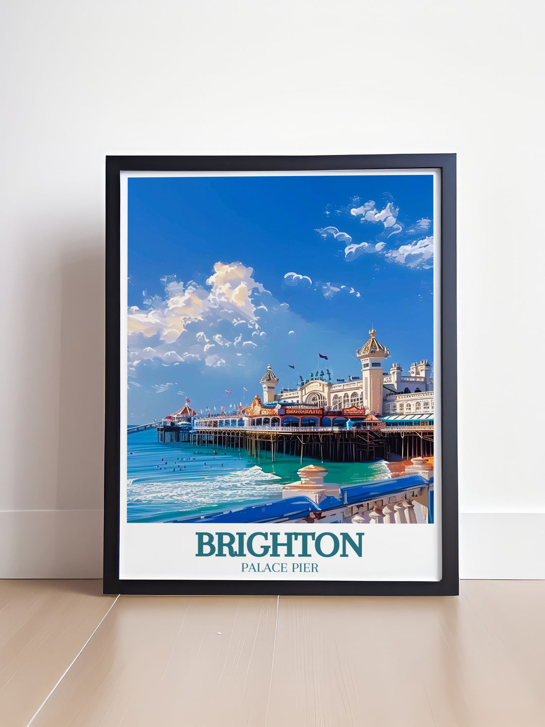 English Channel Travel Poster showcasing the vibrant Brighton Beach and its bustling pier an illustration print that captures the coastal beauty and nostalgic charm of Brighton England perfect for any room.