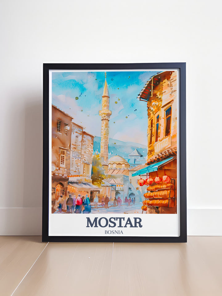 Mostar Artwork with Koski Mehmed Pasha Mosque and Old Town Bazaar a beautiful piece for home decor or a unique gift for Bosnia travel lovers