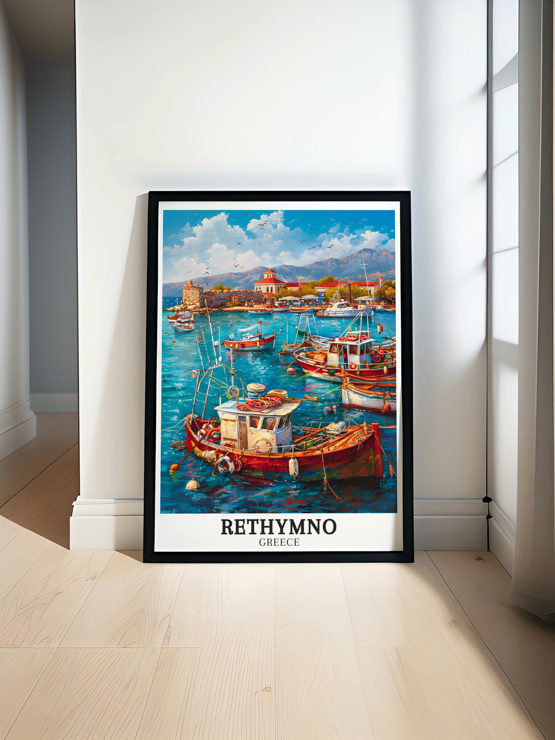 Rethymno Poster Print featuring Rethymno Harbour Crete adds vibrant Greece Island Art to any living room or home office a perfect way to showcase Mediterranean charm with detailed views of the beautiful harbour and historic coastal town