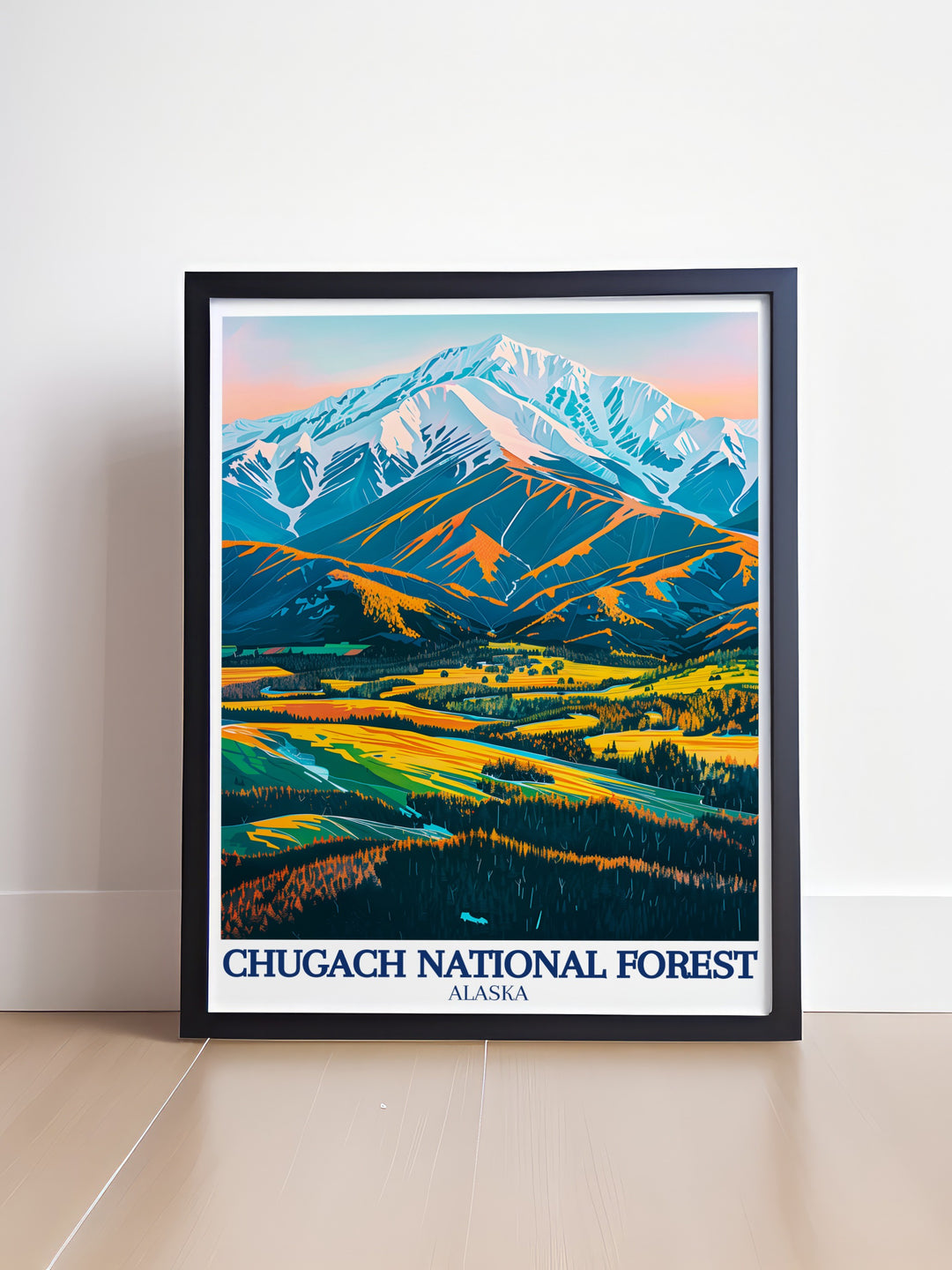 A stunning wall art piece that brings Alaskas Chugach National Forest and Copper River Delta to life. This travel print of the Chugach Mountains is perfect for nature lovers looking to add a touch of the wild to their living space.