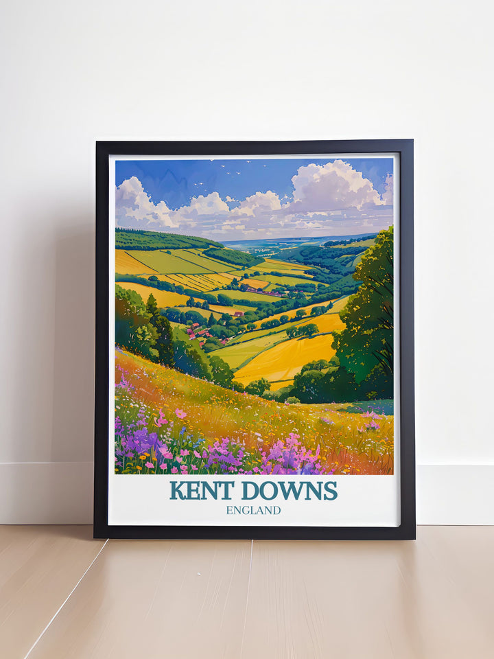 Captivating Kent Downs Area of Outstanding Natural Beauty AONB travel print showcasing serene landscapes and vibrant greenery. Ideal for creating a calming atmosphere in any room with its rich details and peaceful imagery.