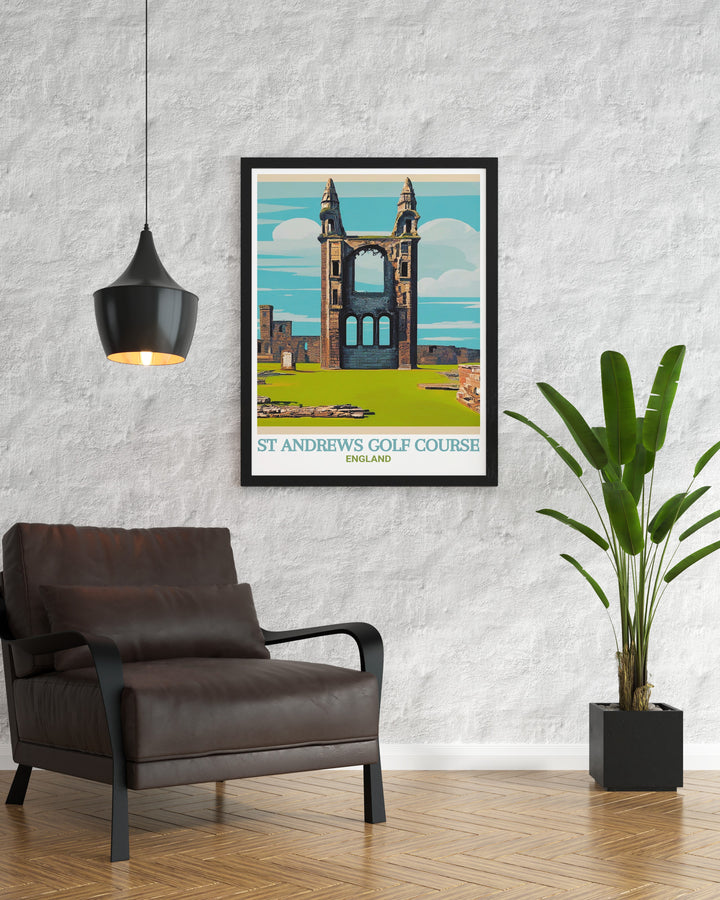 Travel print of St Andrews, showcasing the legendary Golf Course and the historic Cathedral, highlighting Scotlands blend of natural beauty and architectural brilliance. This artwork is a perfect way to celebrate the charm and history of St Andrews in your space.