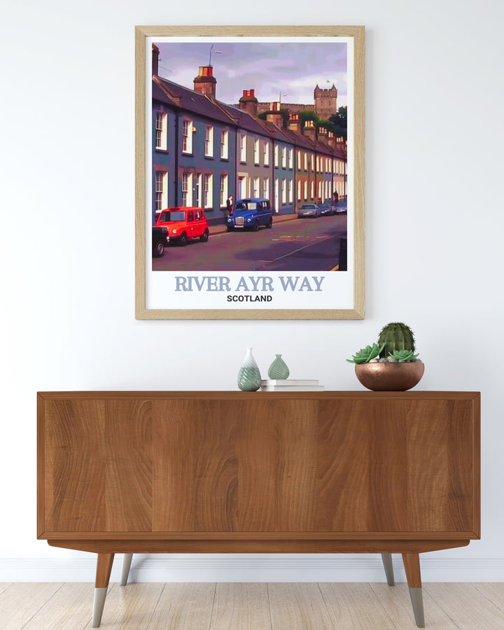 National Park travel poster showcasing the picturesque views of River Ayr Way and the historical essence of Catrine Voes. This print brings the charm of Scotlands natural beauty and industrial heritage into your space, perfect for decorating living rooms, offices, or bedrooms. An ideal gift for outdoor lovers.