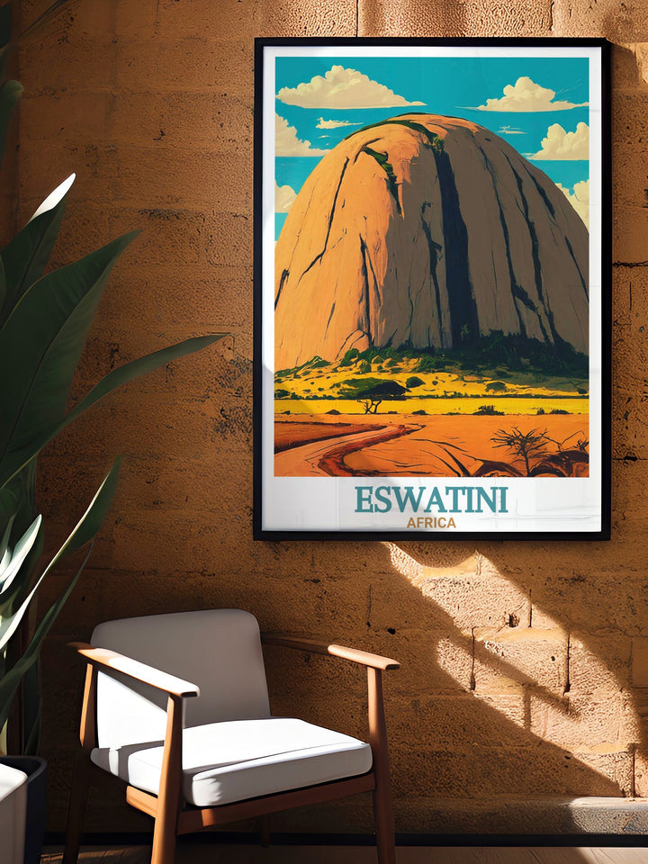 Sibebe Rock wall art showcases the breathtaking beauty of Eswatinis most famous landmark, with its vast granite face dominating the landscape. This Africa travel print is ideal for those who love mountains and the great outdoors.