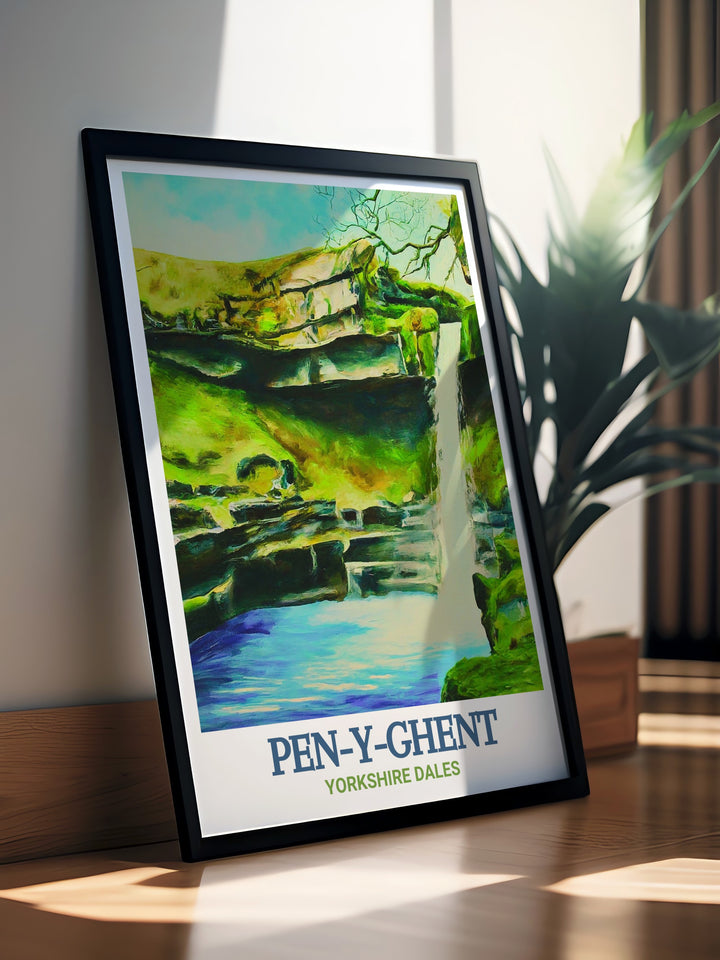 Pen Y Ghent scenic poster highlighting the rugged beauty and adventurous spirit of the Yorkshire Dales. This detailed artwork depicts Pen Y Ghent and Hull Pot, making it a perfect addition to your wall art collection. Ideal for those who love the outdoors.